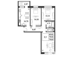 3-к квартира, на длительный срок, 79м2, 7/9 этаж