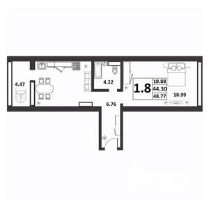 1-к квартира, строящийся дом, 44м2, 7/9 этаж