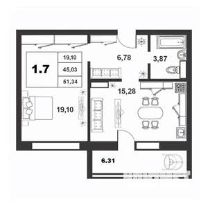 1-к квартира, строящийся дом, 45м2, 9/9 этаж