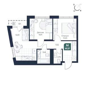 2-к квартира, строящийся дом, 50м2, 7/8 этаж