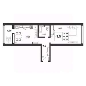 1-к квартира, строящийся дом, 45м2, 6/9 этаж
