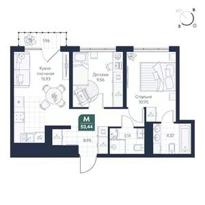 2-к квартира, строящийся дом, 53м2, 8/8 этаж