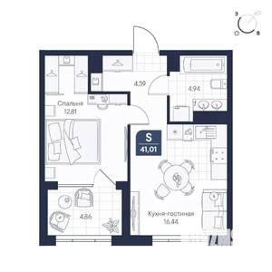 1-к квартира, строящийся дом, 41м2, 3/7 этаж