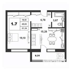 1-к квартира, строящийся дом, 45м2, 3/9 этаж