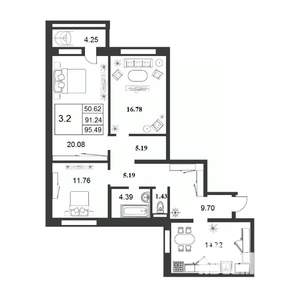 3-к квартира, строящийся дом, 91м2, 4/9 этаж