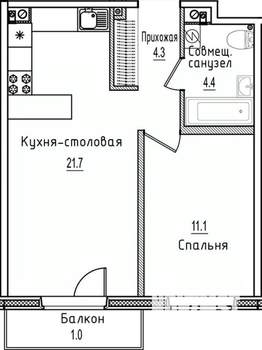 1-к квартира, строящийся дом, 43м2, 3/12 этаж