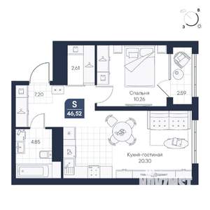 1-к квартира, строящийся дом, 47м2, 2/8 этаж