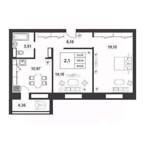 2-к квартира, строящийся дом, 56м2, 8/9 этаж