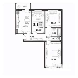 3-к квартира, строящийся дом, 75м2, 5/9 этаж