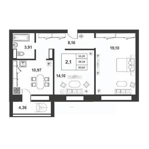 2-к квартира, строящийся дом, 56м2, 5/9 этаж