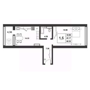 1-к квартира, строящийся дом, 45м2, 9/9 этаж