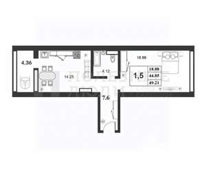 1-к квартира, вторичка, 44м2, 5/9 этаж