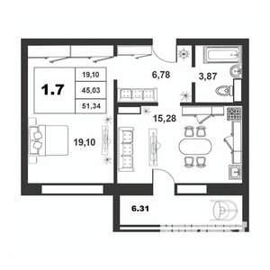 1-к квартира, строящийся дом, 45м2, 5/9 этаж