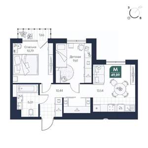 2-к квартира, строящийся дом, 50м2, 2/7 этаж