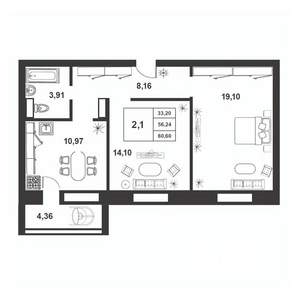 2-к квартира, строящийся дом, 56м2, 7/9 этаж