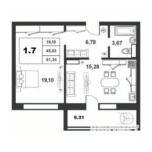 1-к квартира, строящийся дом, 45м2, 3/9 этаж