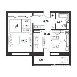 1-к квартира, строящийся дом, 45м2, 6/9 этаж