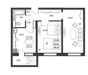 2-к квартира, строящийся дом, 56м2, 6/9 этаж