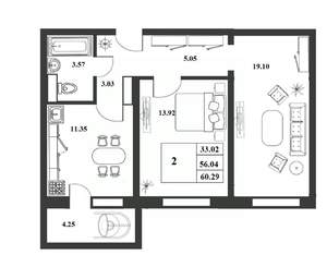 2-к квартира, строящийся дом, 56м2, 1/9 этаж