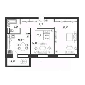 2-к квартира, строящийся дом, 56м2, 5/9 этаж