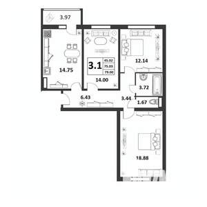3-к квартира, строящийся дом, 75м2, 4/9 этаж