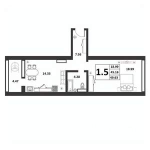1-к квартира, строящийся дом, 45м2, 4/9 этаж