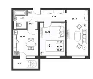 2-к квартира, строящийся дом, 56м2, 2/9 этаж