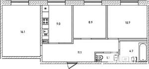 3-к квартира, строящийся дом, 62м2, 1/12 этаж