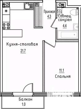 1-к квартира, строящийся дом, 43м2, 4/12 этаж