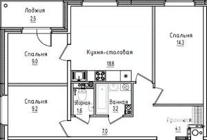 3-к квартира, строящийся дом, 70м2, 2/12 этаж
