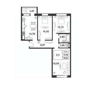 3-к квартира, строящийся дом, 75м2, 9/9 этаж
