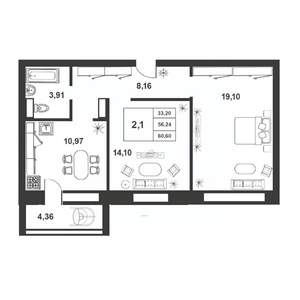 2-к квартира, строящийся дом, 56м2, 8/9 этаж