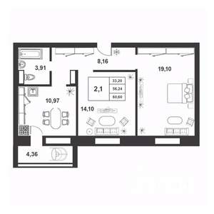 2-к квартира, строящийся дом, 56м2, 8/9 этаж