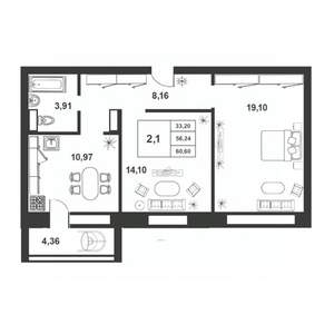 2-к квартира, строящийся дом, 56м2, 4/9 этаж