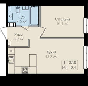 1-к квартира, вторичка, 38м2, 3/9 этаж