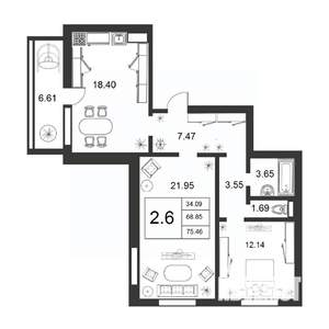3-к квартира, строящийся дом, 69м2, 3/9 этаж