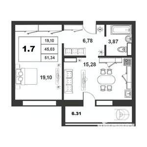 1-к квартира, строящийся дом, 45м2, 8/9 этаж