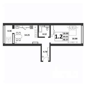 1-к квартира, строящийся дом, 44м2, 4/9 этаж