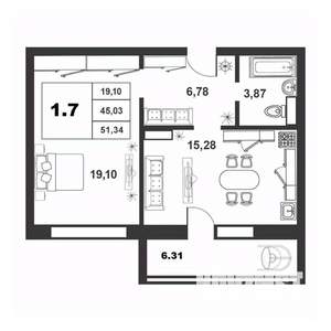 1-к квартира, строящийся дом, 45м2, 2/9 этаж