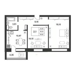 2-к квартира, строящийся дом, 56м2, 8/9 этаж