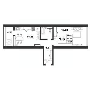 1-к квартира, строящийся дом, 44м2, 7/9 этаж
