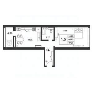 1-к квартира, строящийся дом, 45м2, 7/9 этаж