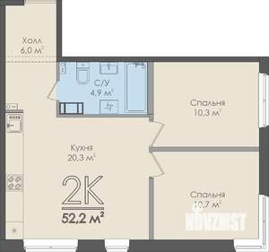 2-к квартира, строящийся дом, 52м2, 9/9 этаж