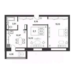 2-к квартира, строящийся дом, 56м2, 2/9 этаж