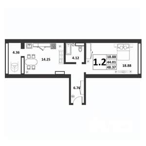 1-к квартира, строящийся дом, 44м2, 9/9 этаж