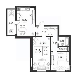 3-к квартира, строящийся дом, 69м2, 2/9 этаж