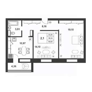 2-к квартира, строящийся дом, 56м2, 9/9 этаж