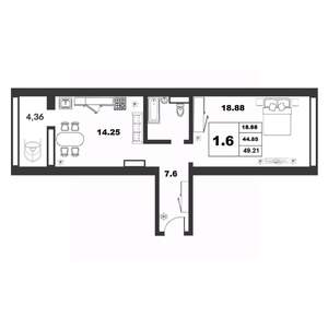 1-к квартира, строящийся дом, 44м2, 4/9 этаж