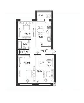 3-к квартира, строящийся дом, 77м2, 8/9 этаж