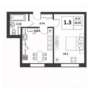 1-к квартира, строящийся дом, 40м2, 1/9 этаж